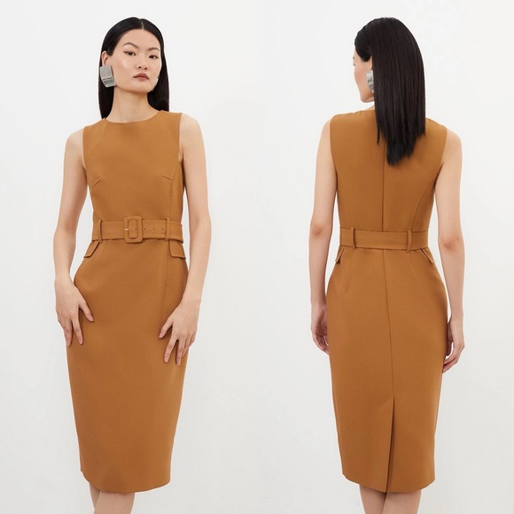 Karen Millen Compact Stretch Belted Tailored Midi Pencil Dress Size US 4 NWT - Picture 1 of 9